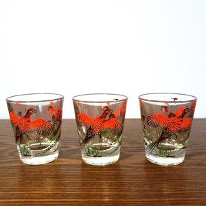 Pheasant Shot Glasses Set Lot x3 Hunting Bird Red Brown Green Vintage MCM